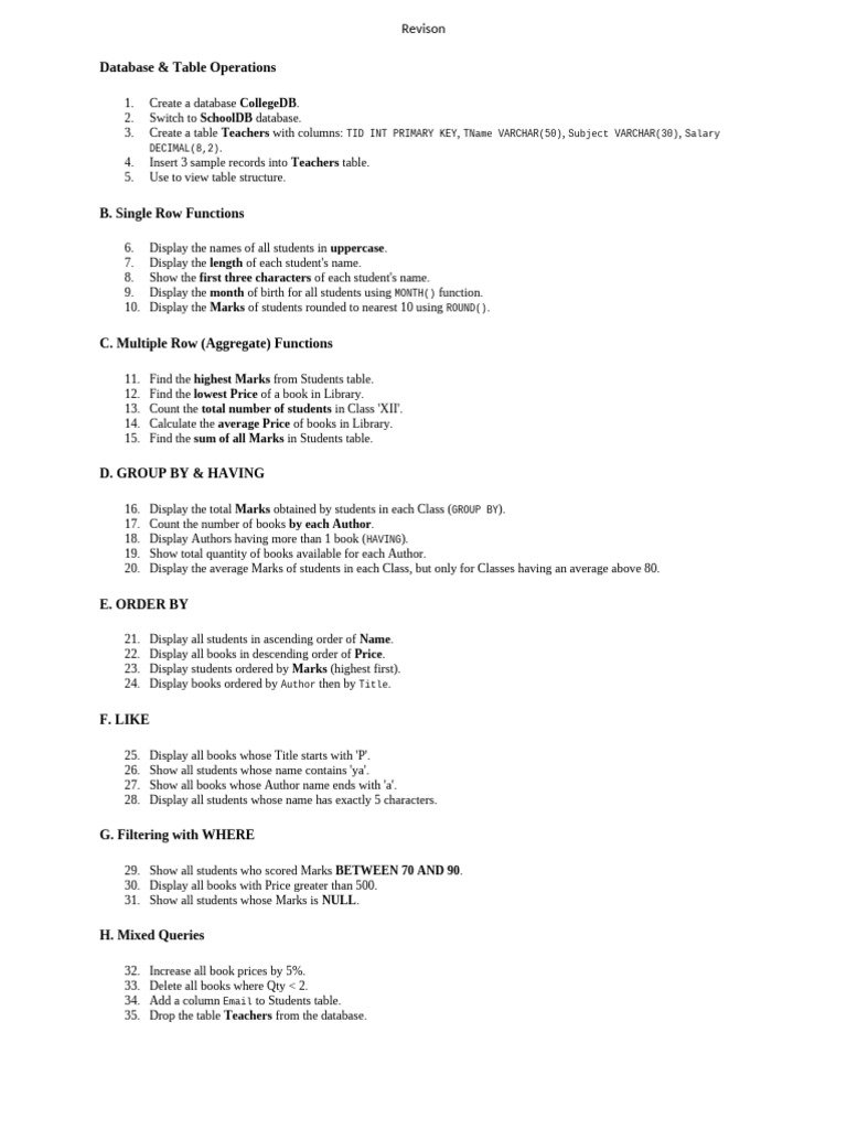 SQL Database Operations and Functions Guide | PDF