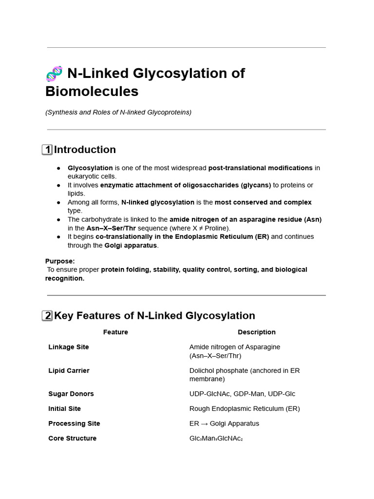 1 N-Linked Glycosylation of Biomolecules | PDF | Nutrients | Biomolecules