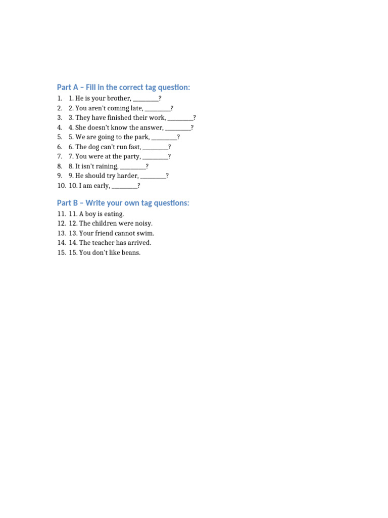 Tag Questions Practice Exercises | PDF