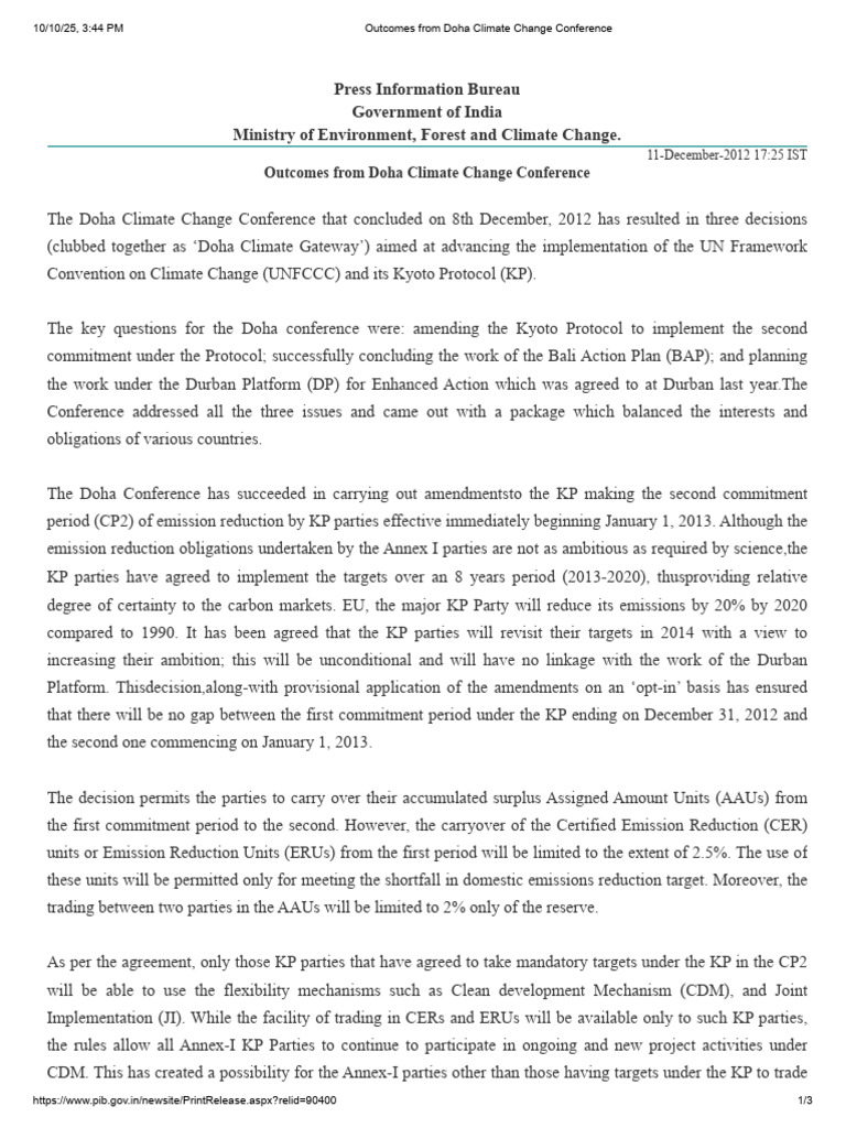 Doha Climate Change Conference Outcomes | PDF | Kyoto Protocol | United ...