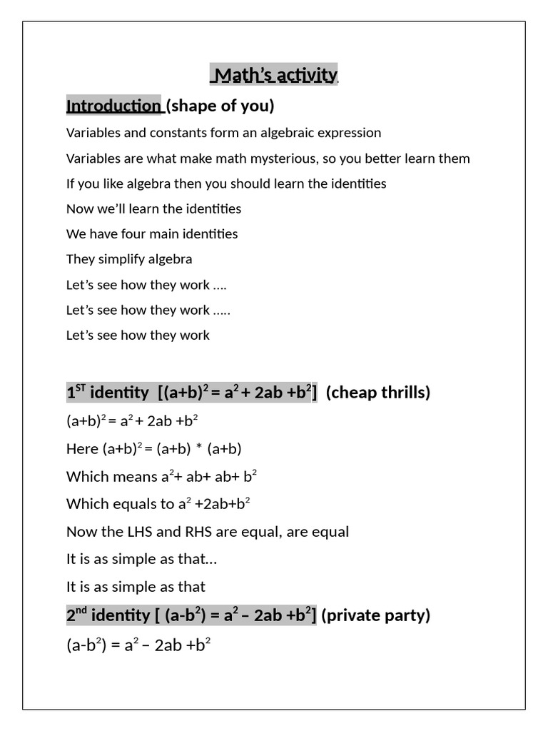 Key Algebra Identities Explained | PDF