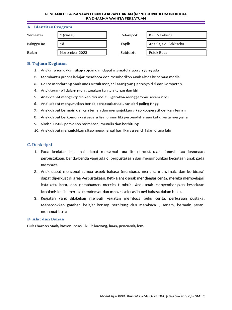 RPPH Kurikulum Merdeka TK-B Minggu 18 | PDF