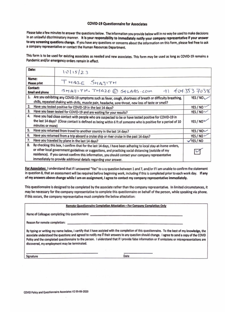 COVID 19 Questionnaire | PDF