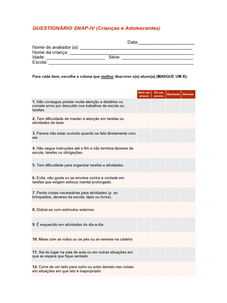 Questionário SNAP-IV para Avaliação Infantil | PDF