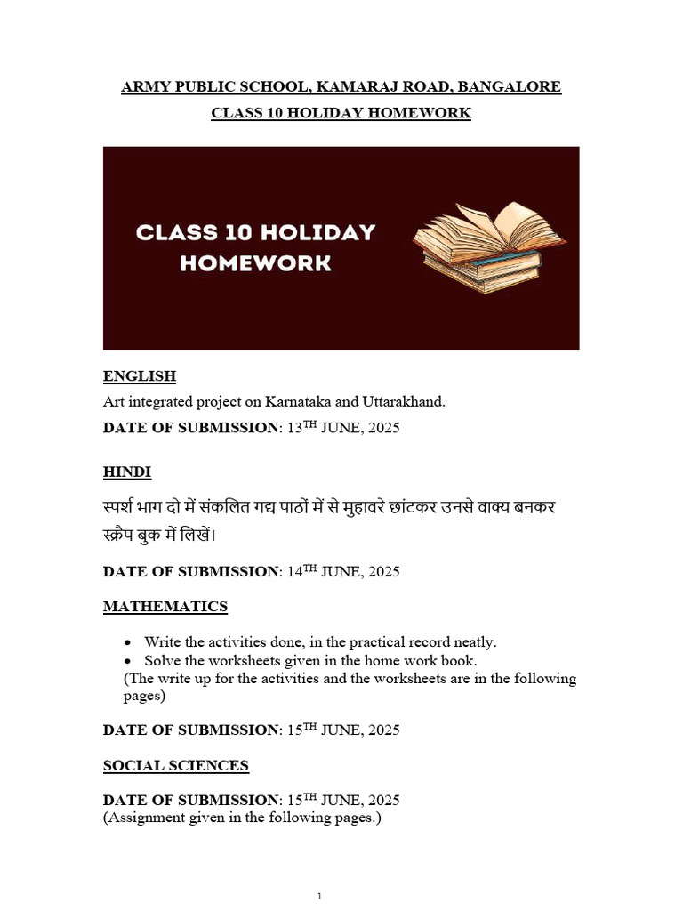 Class 10 Holiday Homework Assignments | PDF