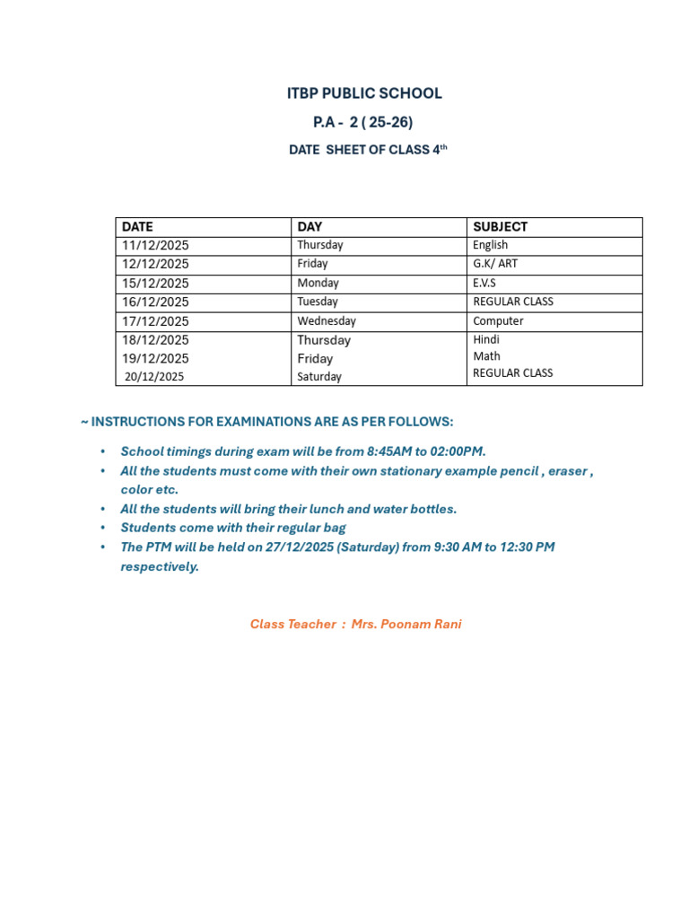Class 4 Exam Schedule 2025 | PDF