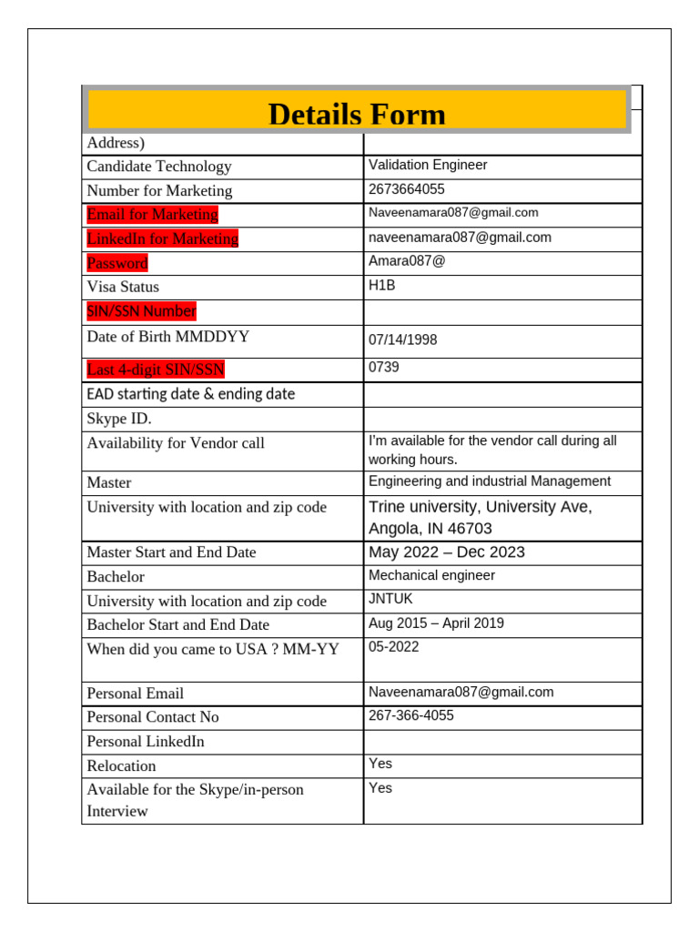 Candidate Details Form.. | PDF