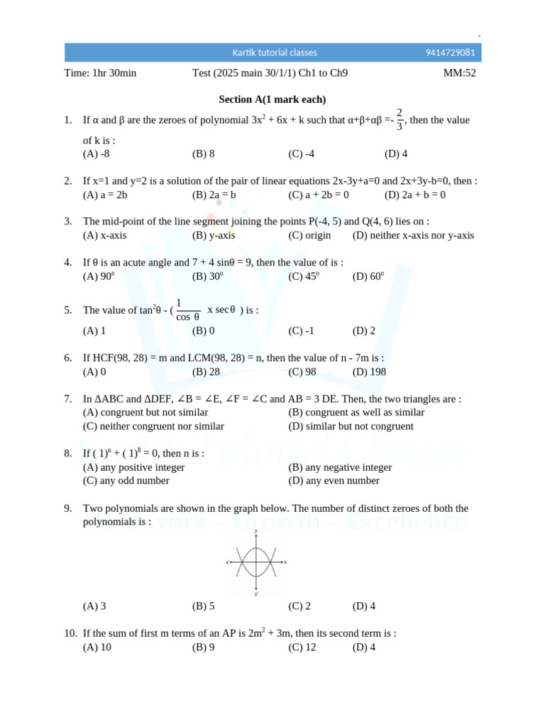 Math Test Questions and Solutions | PDF | Polynomial | Numbers