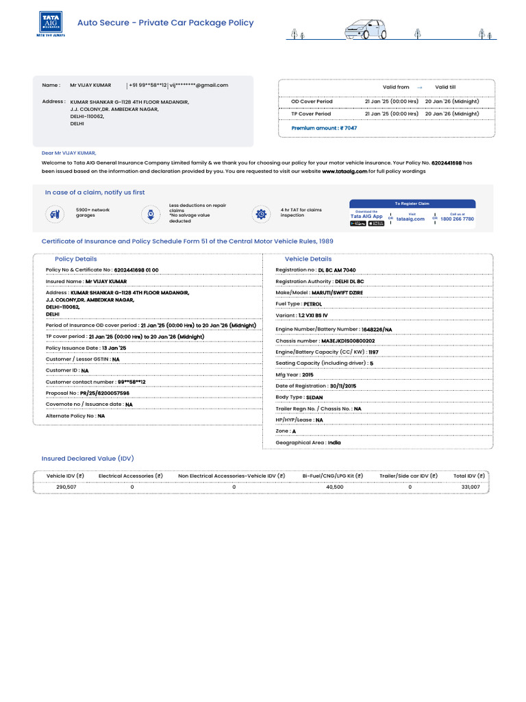 Tata AIG Motor Insurance Policy Details | PDF | Insurance | Deductible