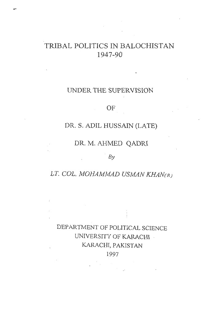 Tribal Politics in Balochistan by Lt. Col Mohammad Usman Khan | PDF