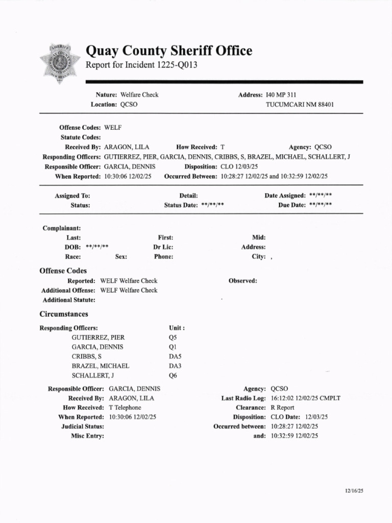 Quay County Welfare Check Report PDF