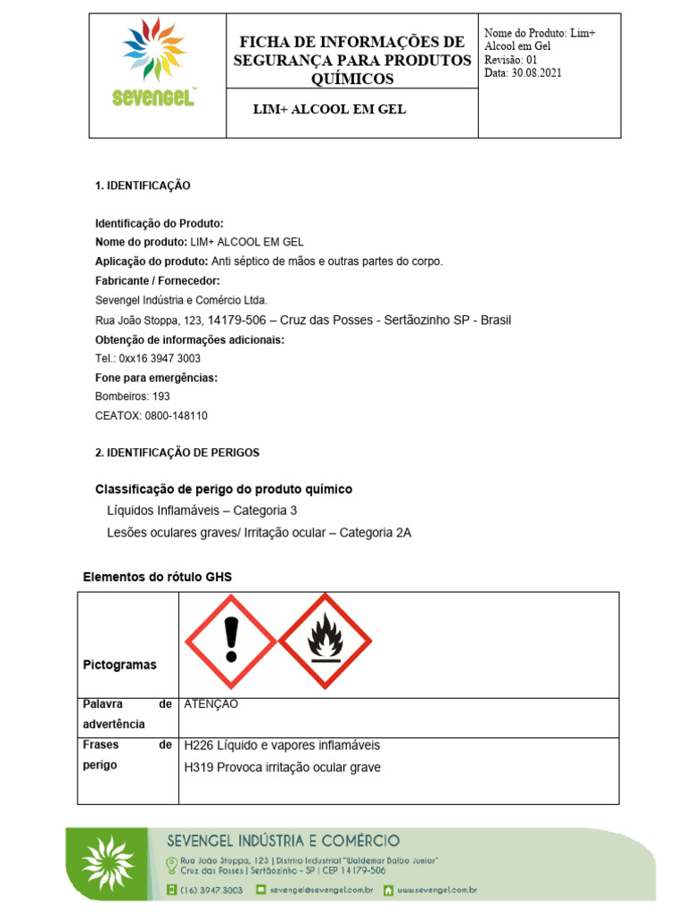 Ficha de Segurança do Lim+ Álcool em Gel | PDF | Incêndios | Desperdício