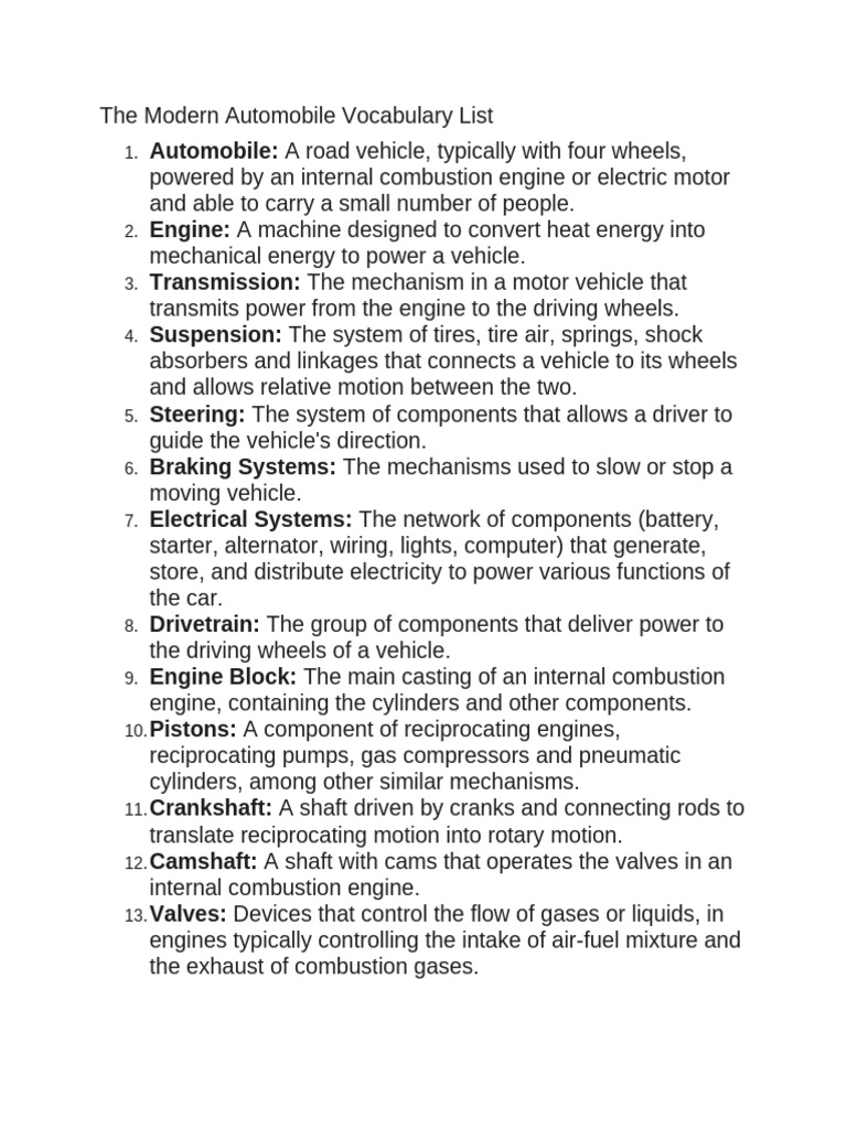 Modern Automobile Vocabulary Guide | PDF | Internal Combustion Engine ...