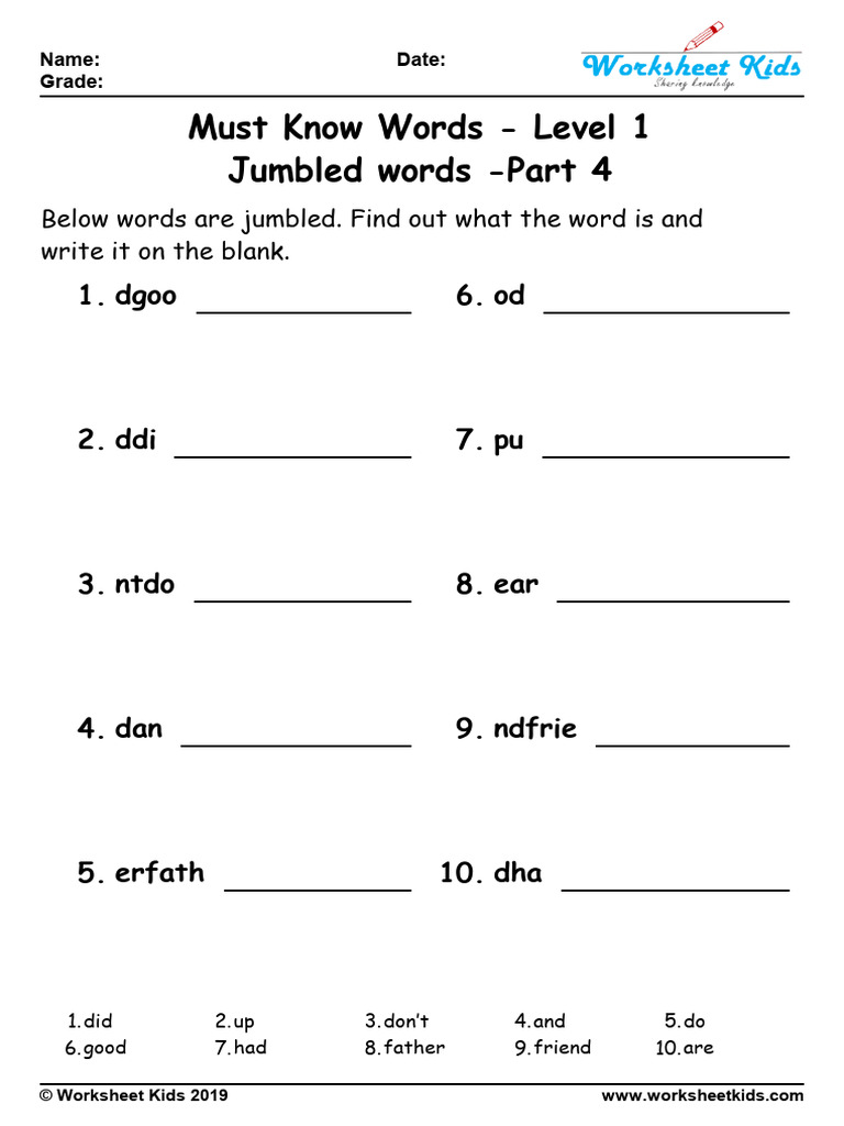 Jumbled Words Worksheet Level 1 | PDF