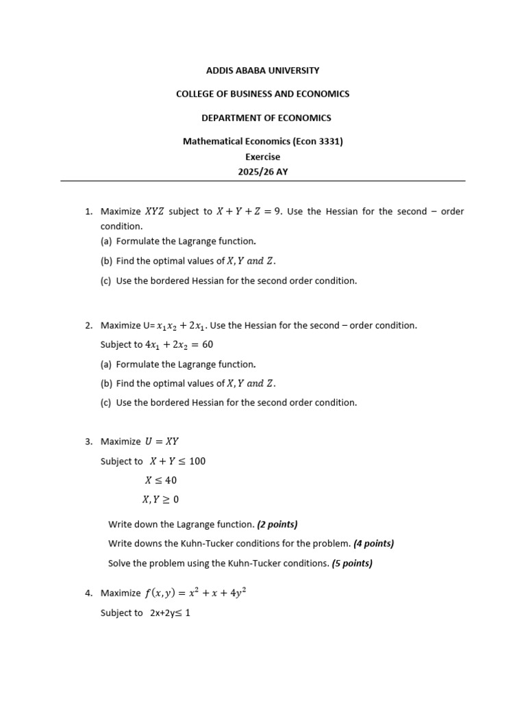 Exercise - Econ 3331_ 2025-26 AY | PDF | Equations | Differential Equations