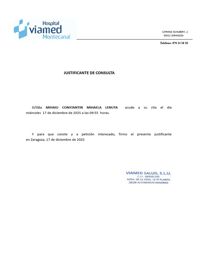 Justificante de Consulta: D/D A Acude A Su Cita El Dia Miércoles 17 de ...