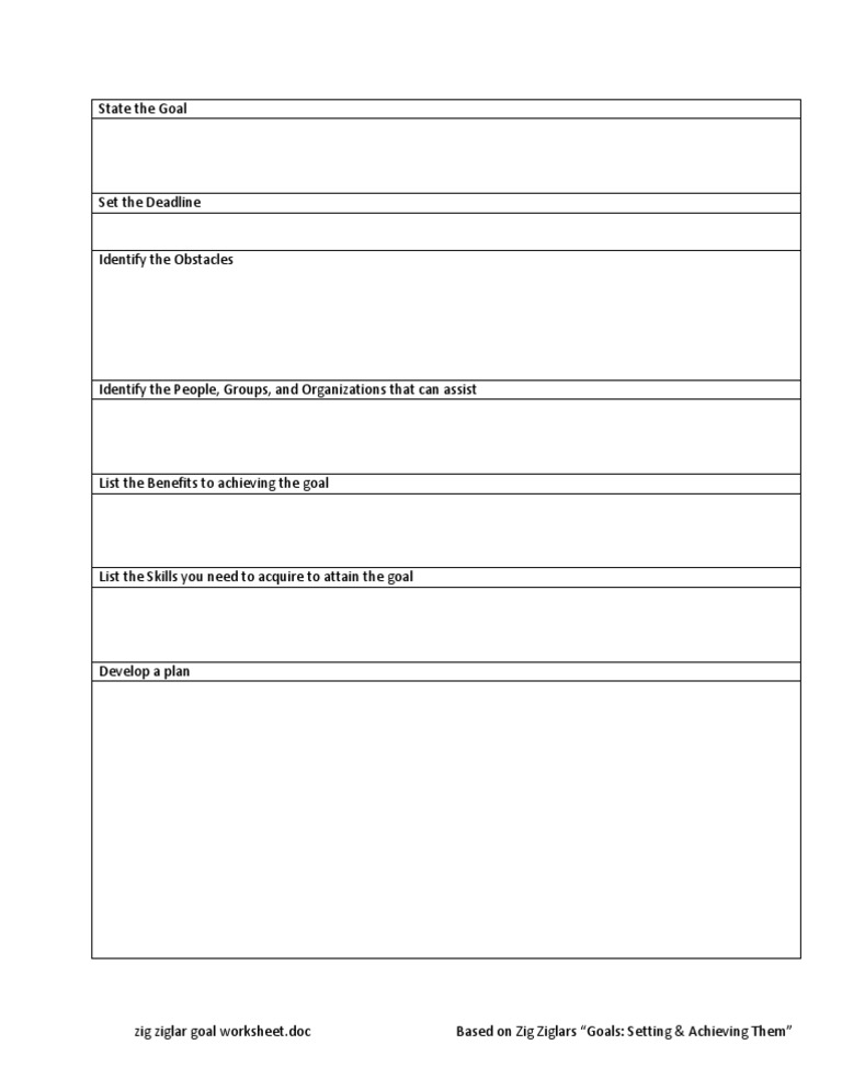 Zig Ziglar Goal Worksheet