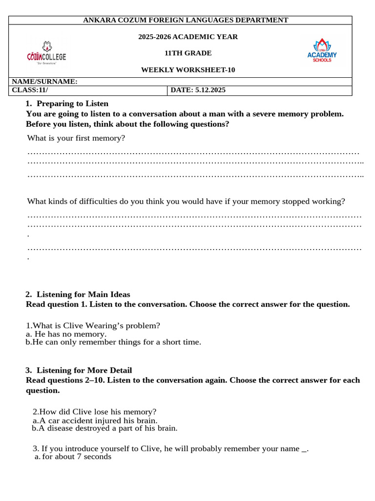 11th Grade-10th Week - Weekend Worksheet | PDF