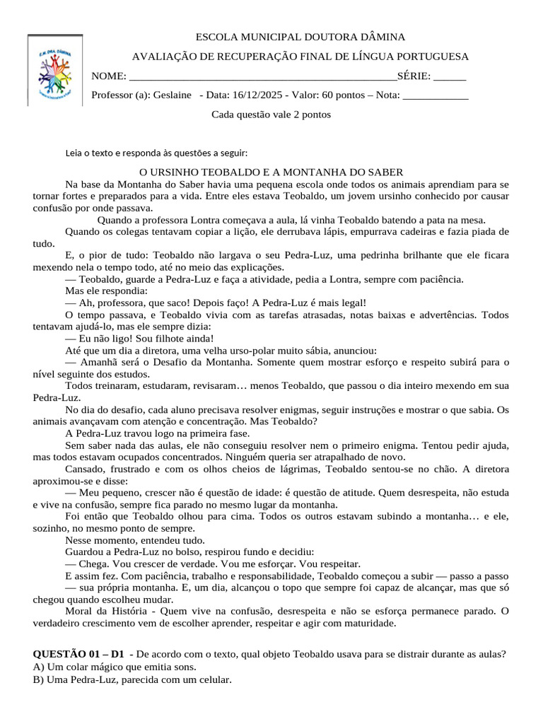 Avaliação de Língua Portuguesa 2025 | PDF | Assunto (gramática) | Moluscos