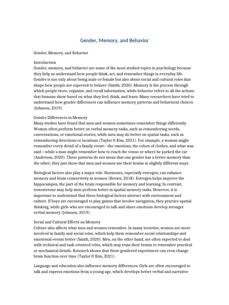 Gender Memory and Behavior Extended Scholarly Paper | PDF | Memory ...