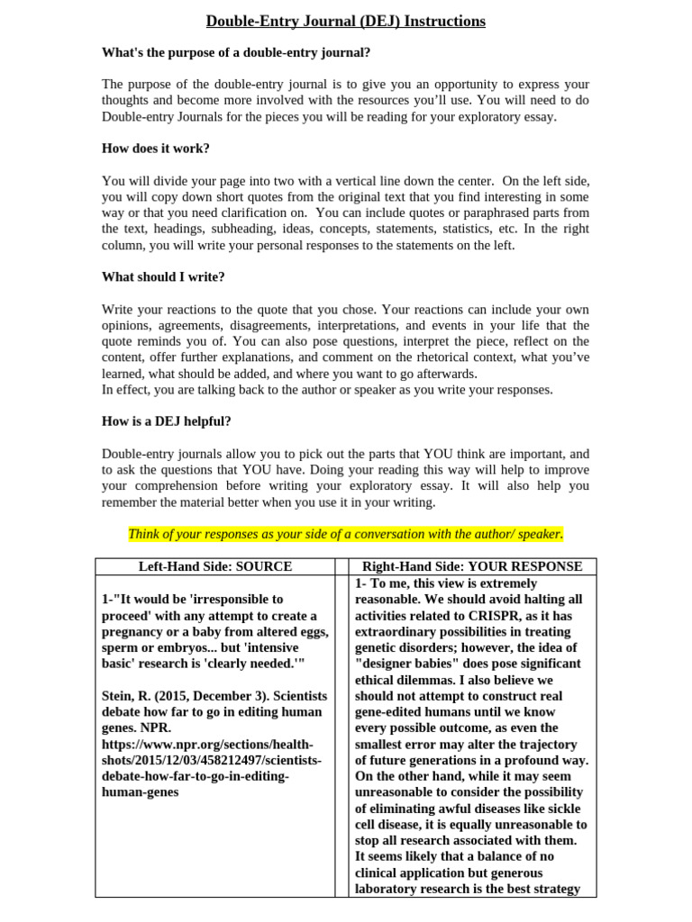 Double-Entry Journal Instructions Guide | PDF