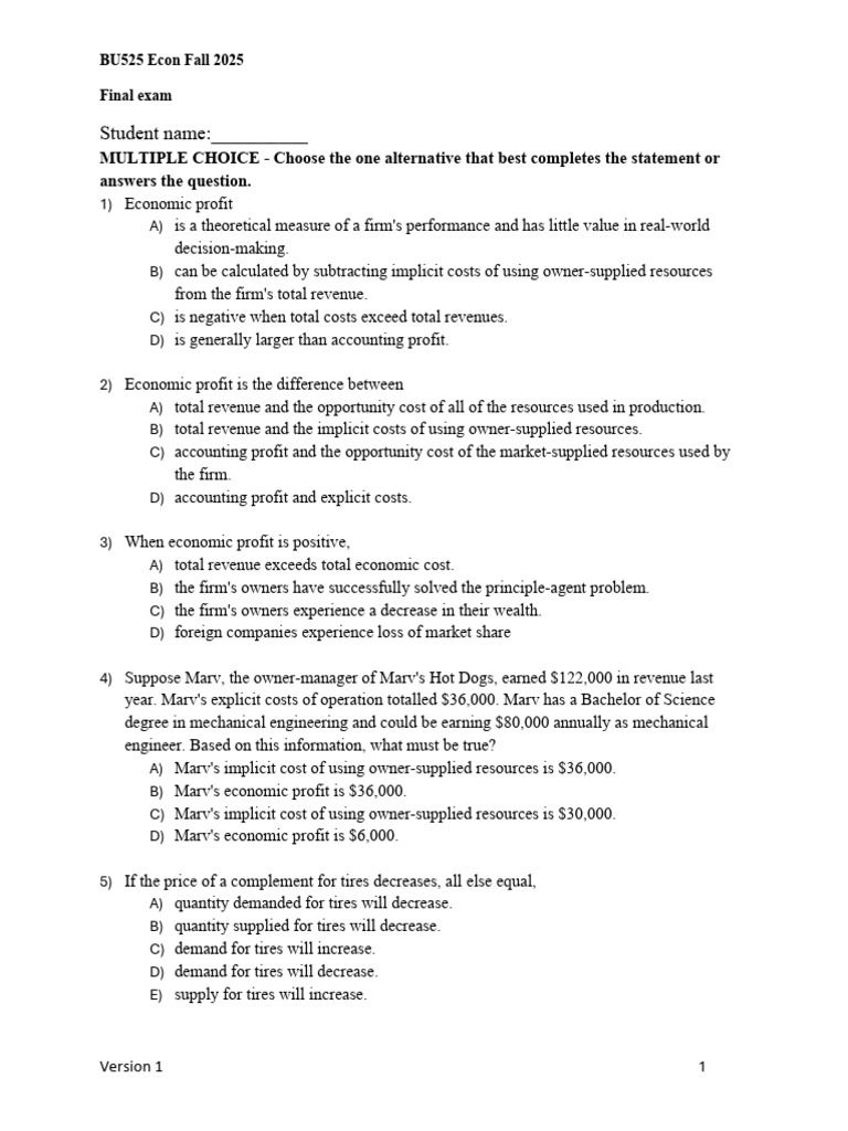 BU525 Econ Fall 2025 Final Exam Guide | PDF | Demand | Profit (Economics)