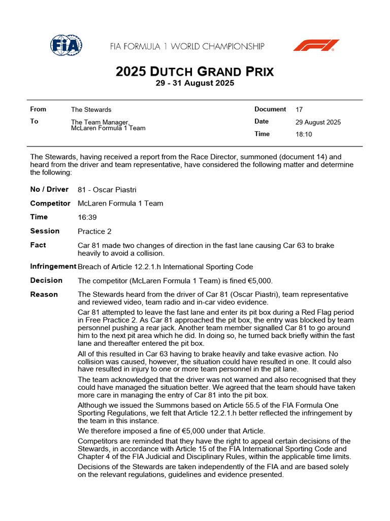 McLaren F1 Team Fined €5,000 at Dutch GP | PDF | Formula One ...