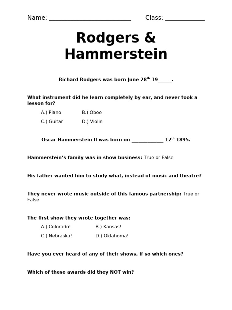 Rodgers and Hammerstein Quiz Worksheet | PDF