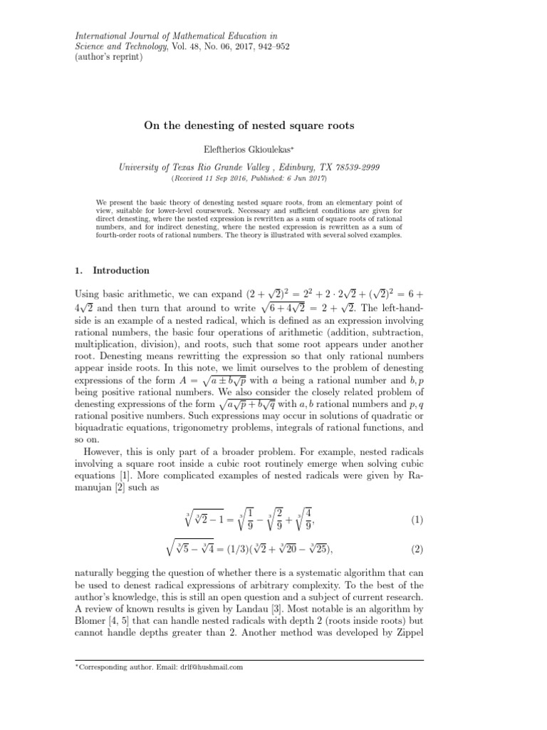 Denesting Nested Square Roots Explained | PDF | Mathematics | Algebra