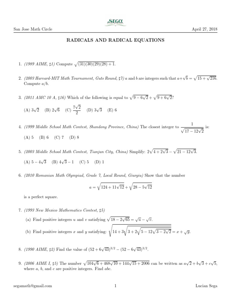 San Jose Math Circle: Radical Equations | PDF | Square Root | Equations