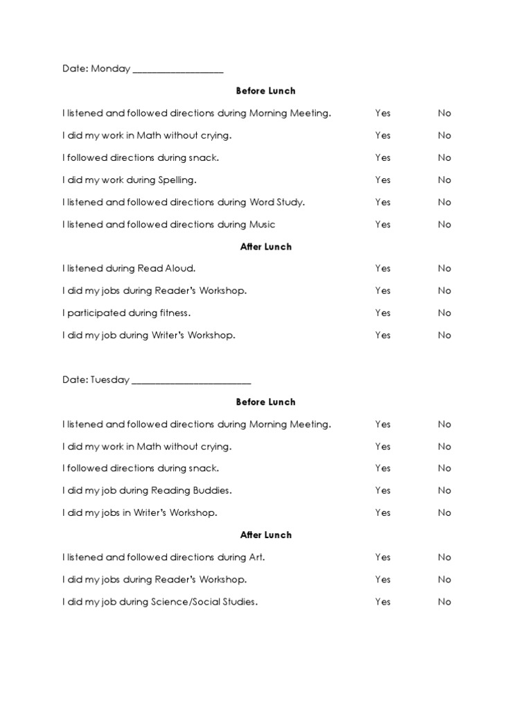 Weekly Student Behavior Checklist | PDF | Language Arts & Discipline ...