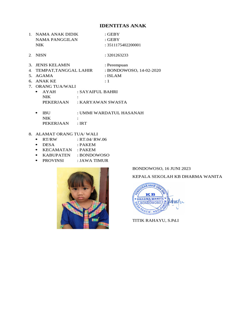 Laporan Perkembangan Anak Geby 2025 | PDF