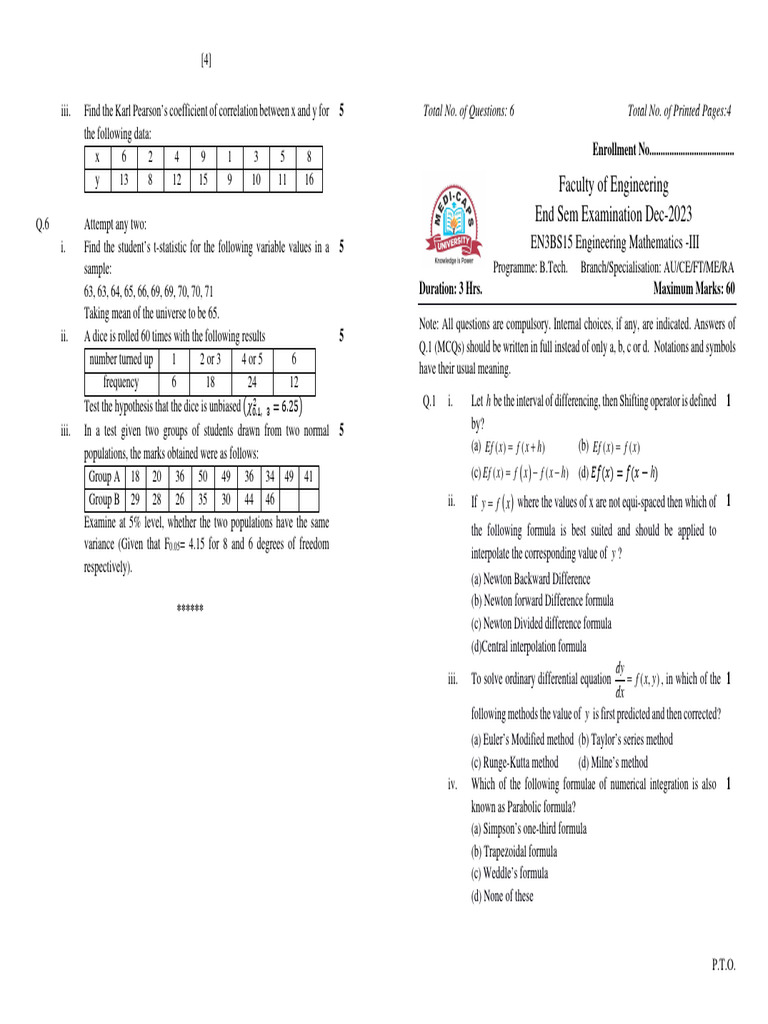 Engineering Mathematics Exam Questions | PDF | Finite Difference ...