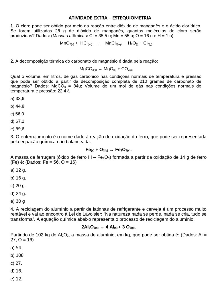 Exercícios de Estequiometria Química | PDF | Ácido sulfúrico | Cálcio