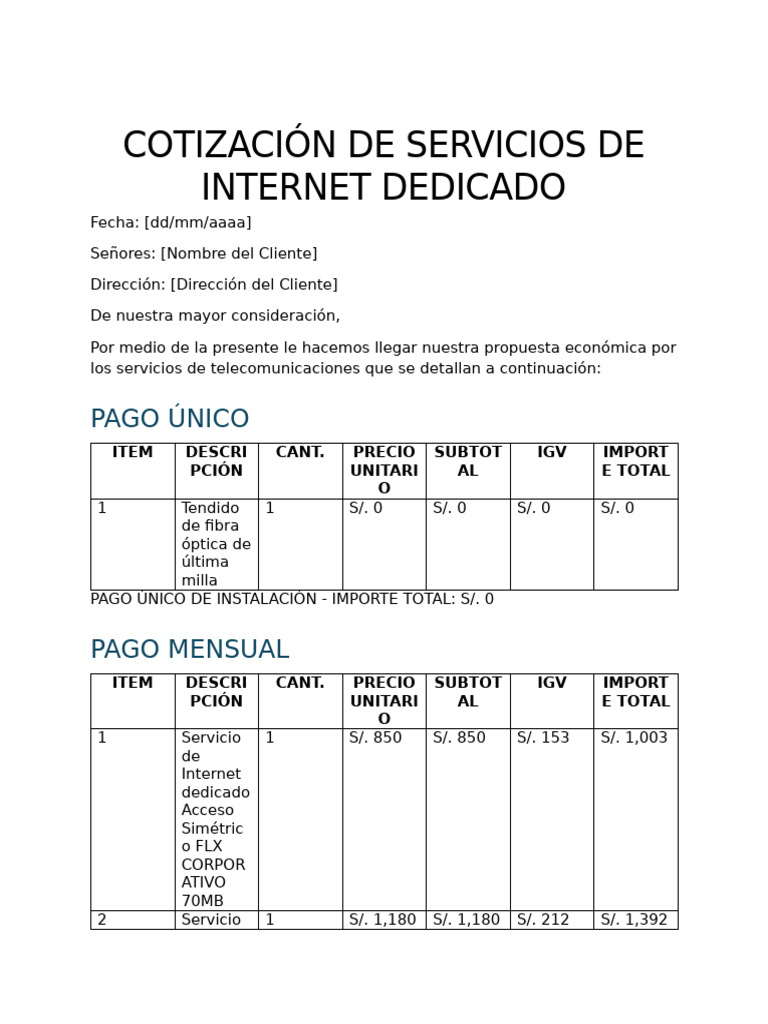 Cotización Internet Dedicado 70MB y 100MB | PDF