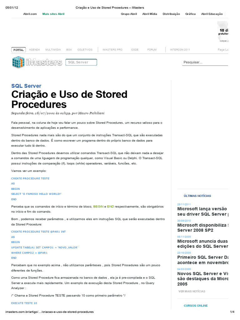 Criação de Stored Procedures em SQL Server | PDF | SQL | Microsoft SQL ...
