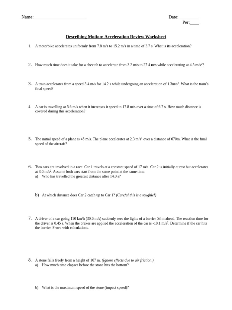 Acceleration Review Worksheet for Physics | PDF | Speed | Velocity