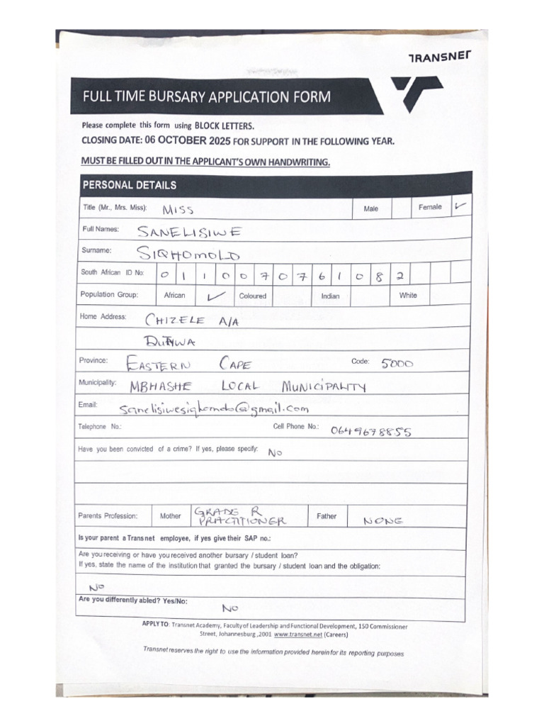 Transnet Application Form | PDF