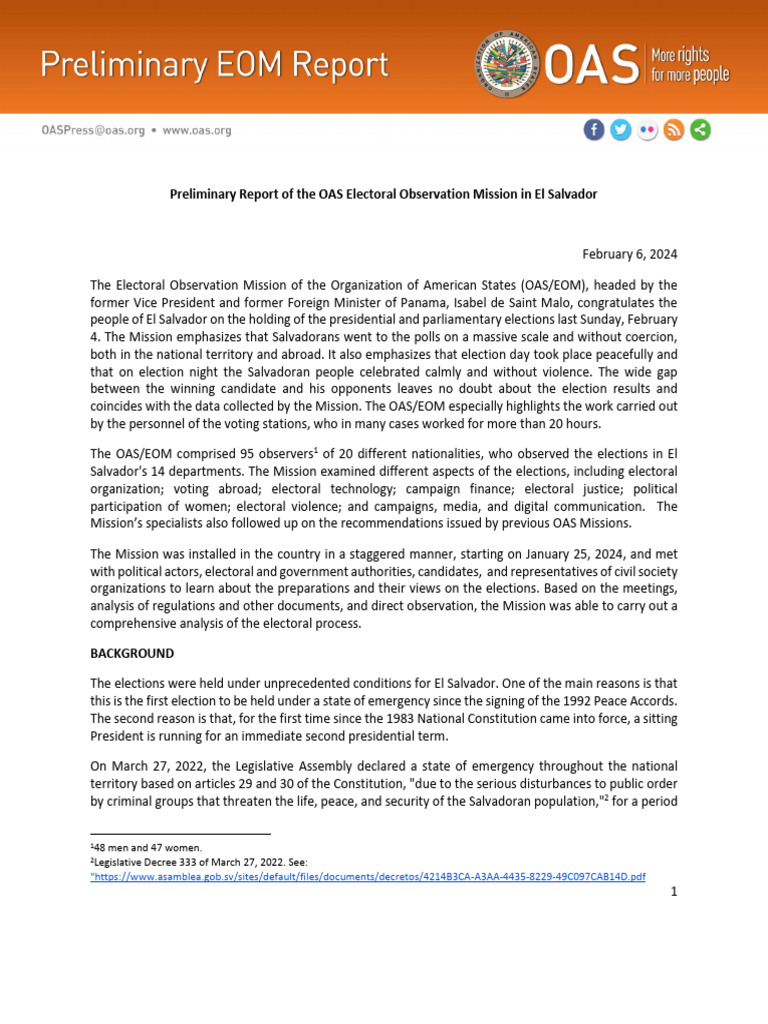 OAS Observes El Salvador Elections 2024 | PDF | Elections | State Of ...