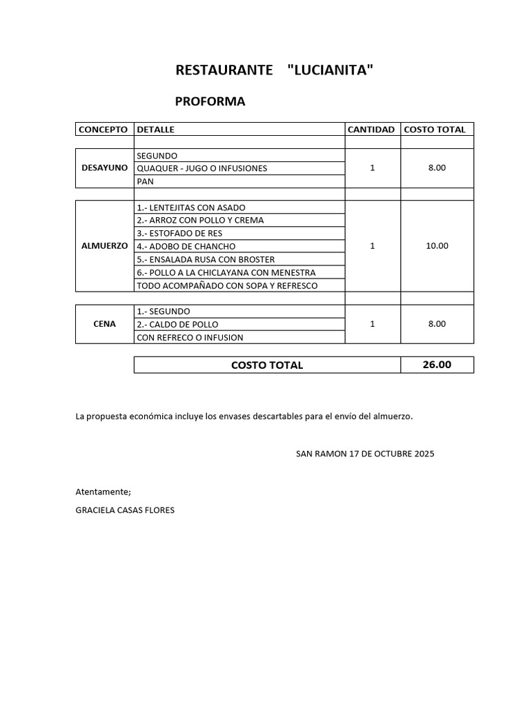 Proforma de Menú del Restaurante Lucianita | PDF