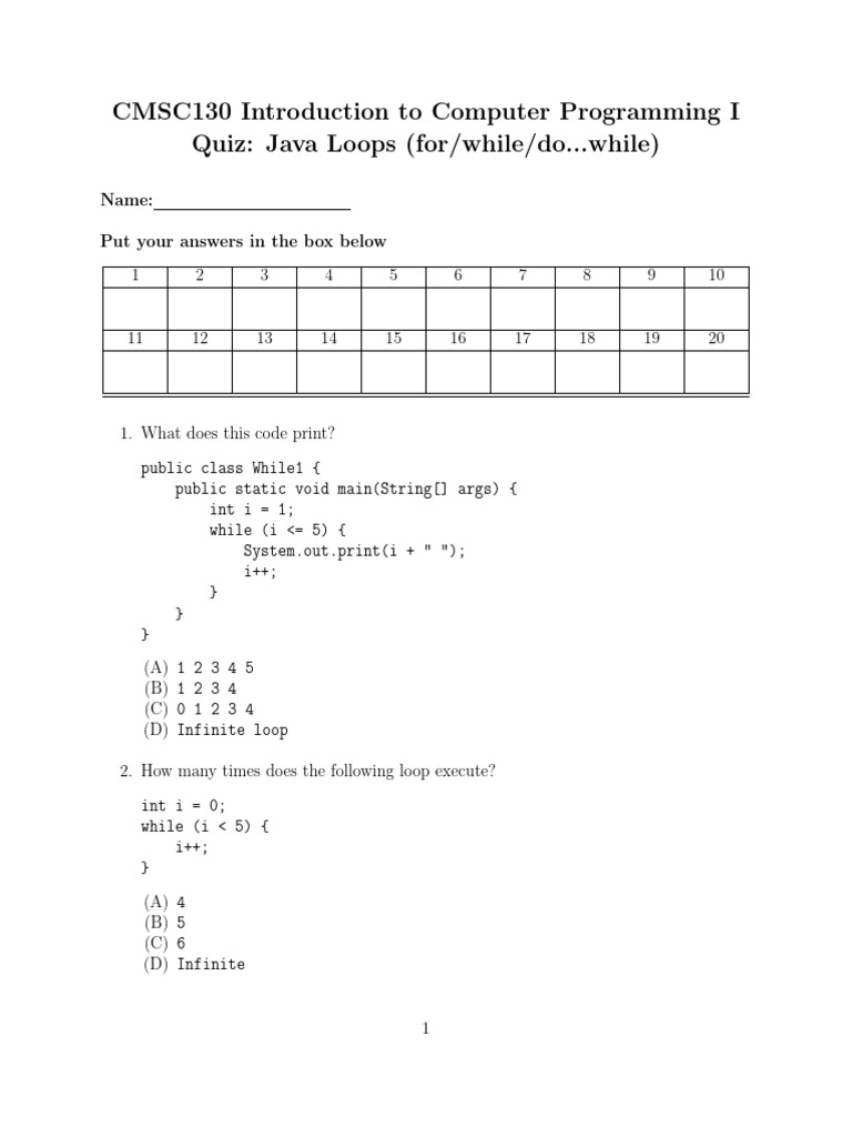 Java Loops Quiz for CMSC130 | PDF | Computer Programming | Software ...