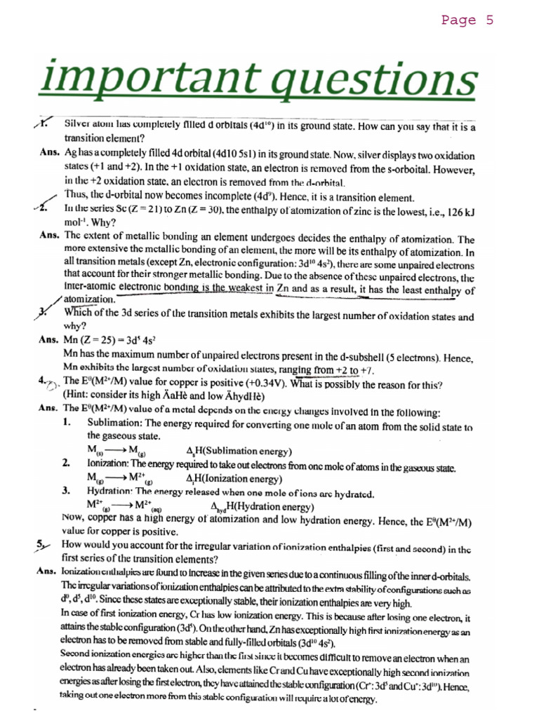 D Block Important Questions | PDF