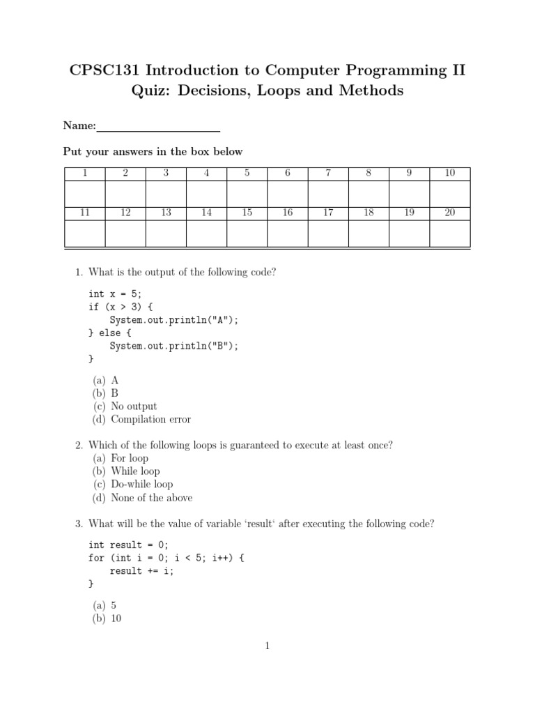 CPSC131 Q01 Decisions Loops Methods | PDF | Control Flow | Computer ...