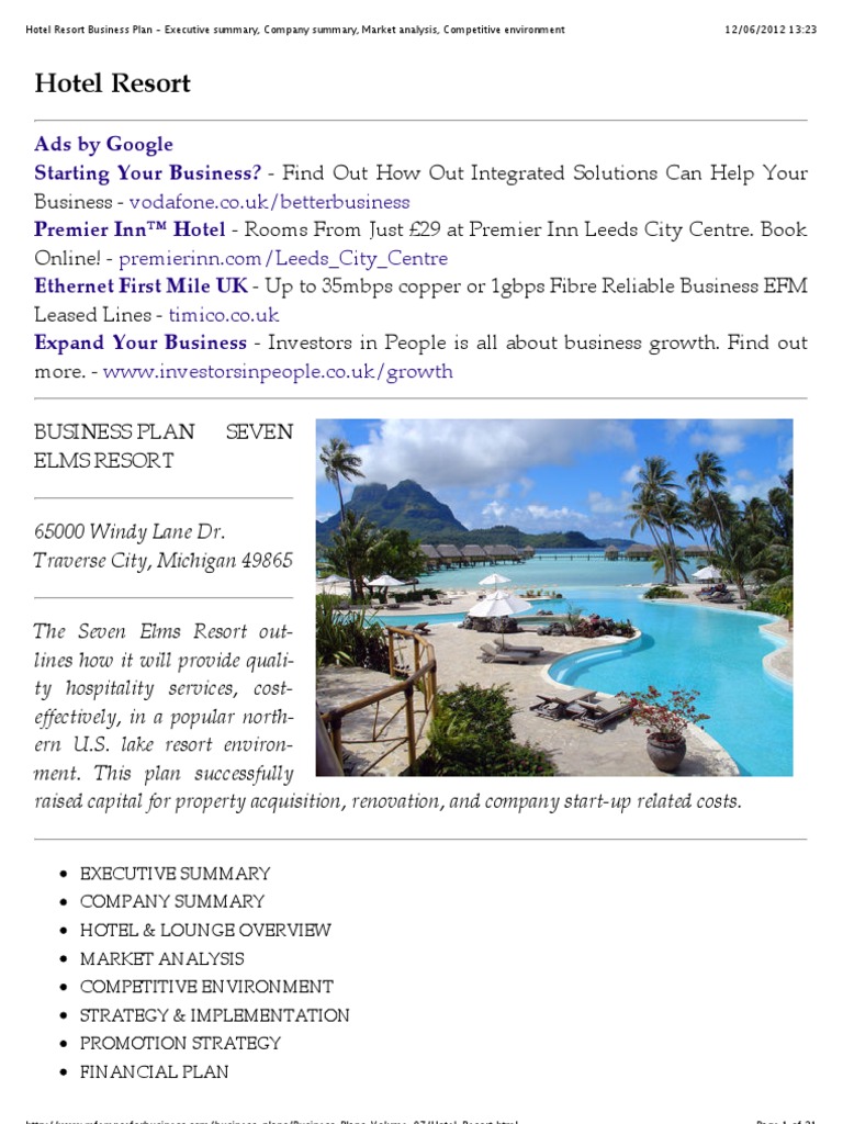 executive summary of a business plan for a resort