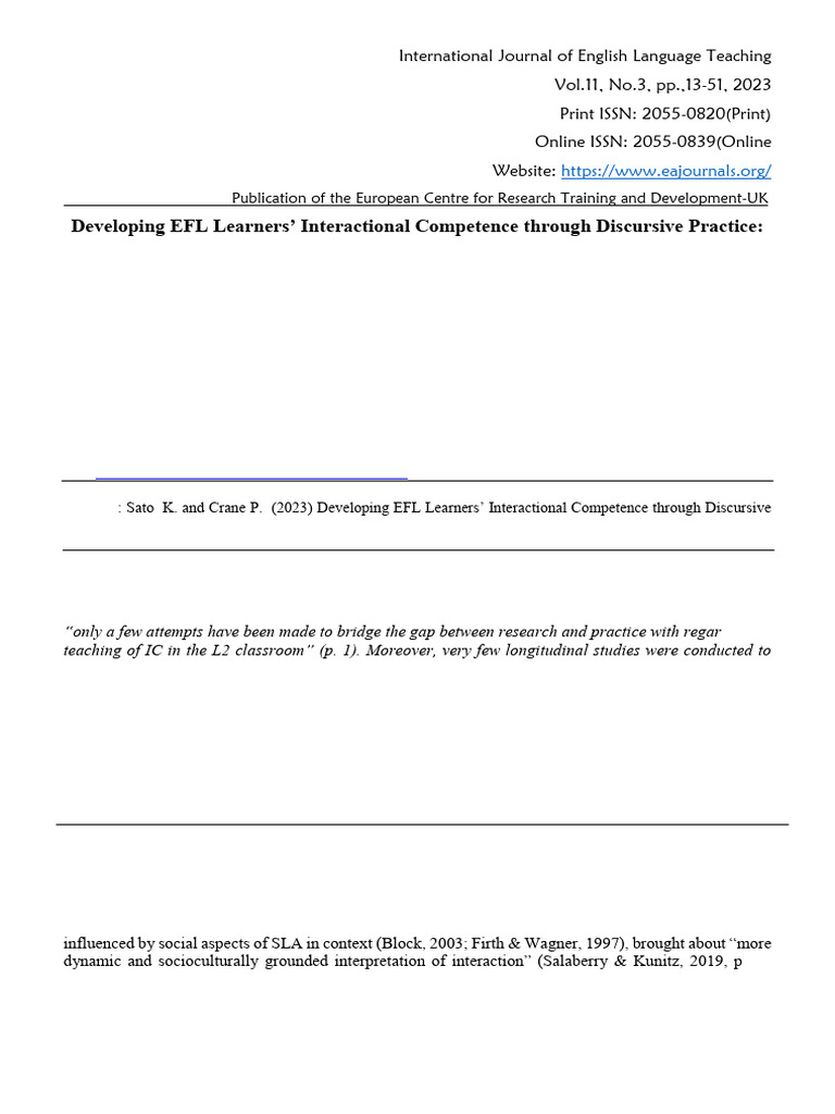 Developing EFL Learners' Interactional Competence Through Discursive ...