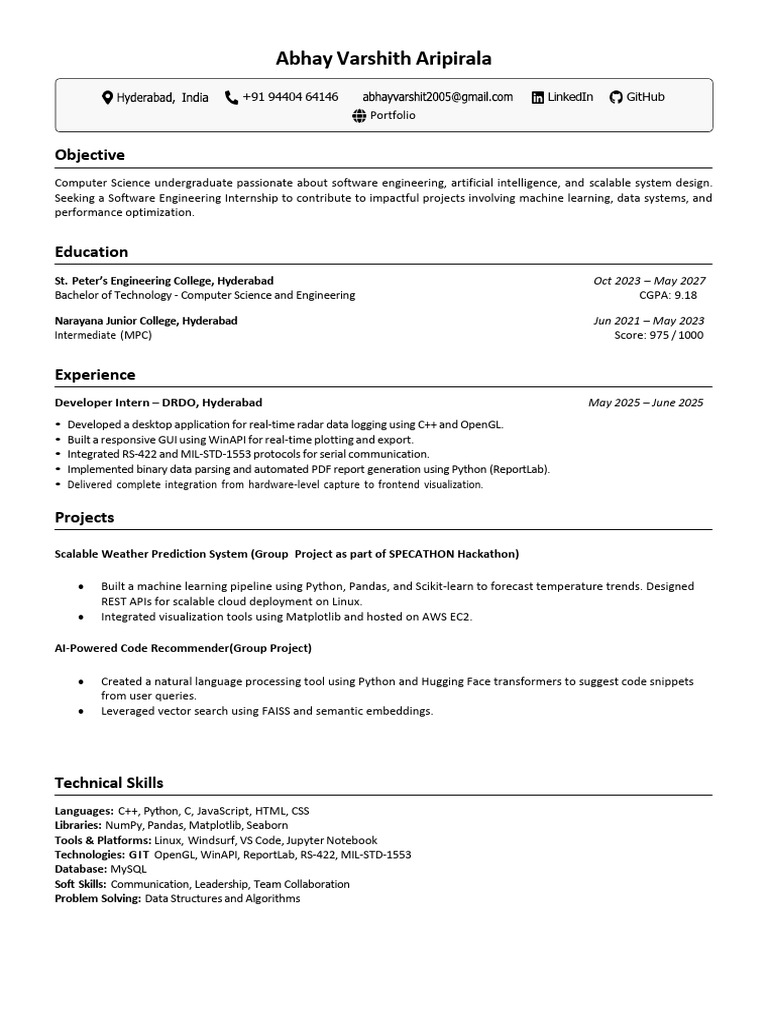 Software Engineering Internship Resume | PDF | Python (Programming ...