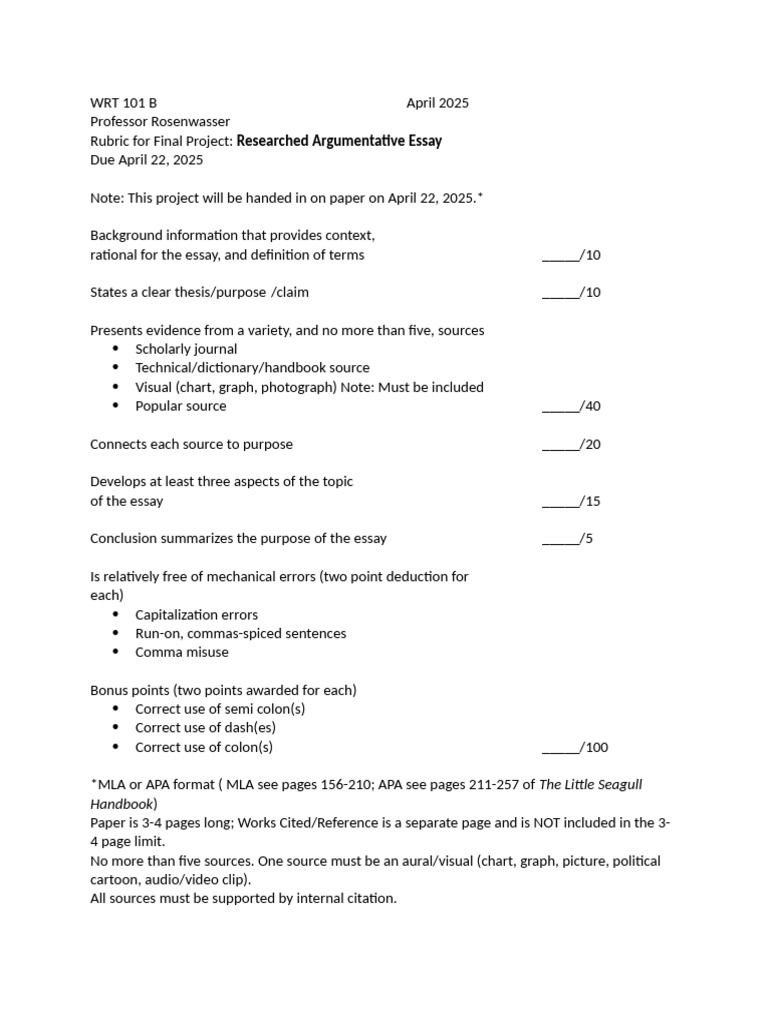 WRT 101 Final Project Guidelines | PDF