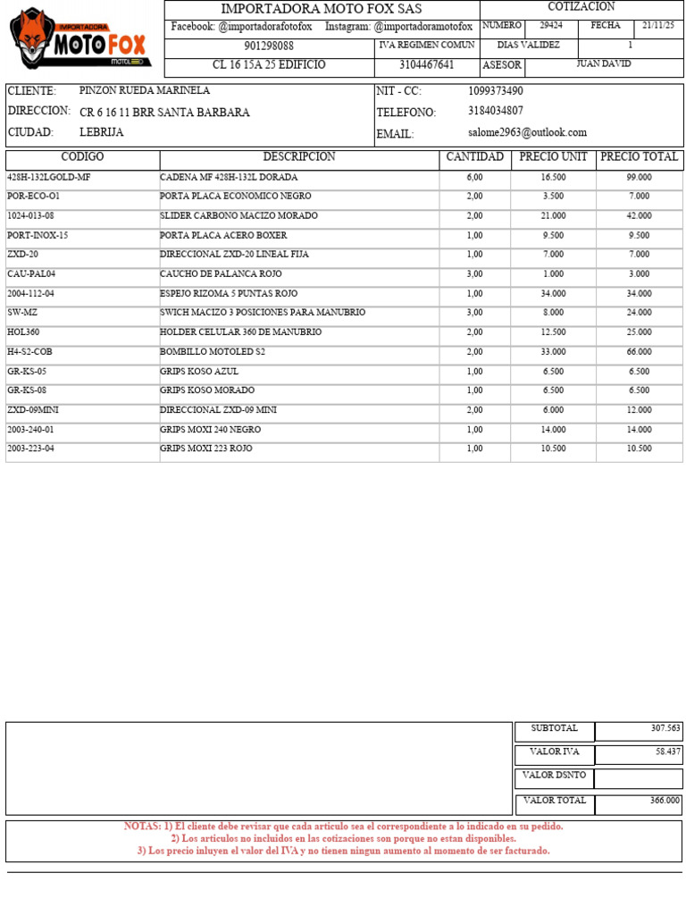 Cotizacion 29424 Marinela Pinzon Rueda - PDF) | PDF