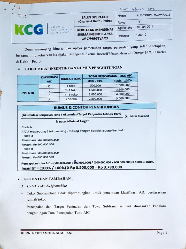 Kebijakn Mengenai Skema Insentif Area in Charge Aic | PDF