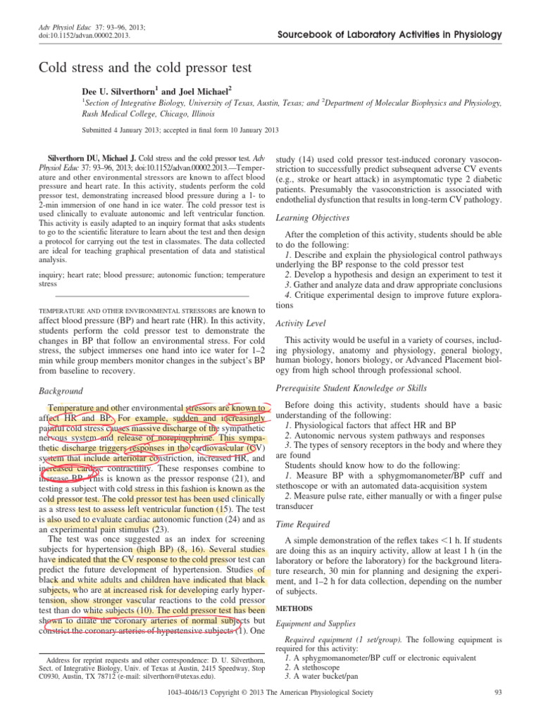 Cold Pressor Test in Physiology Lab | PDF | Blood Pressure | Student's ...
